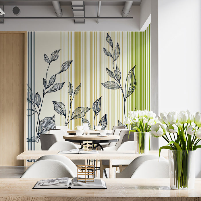 Modern Striped Botanical Mural Wallpaper | Linear Nature Art