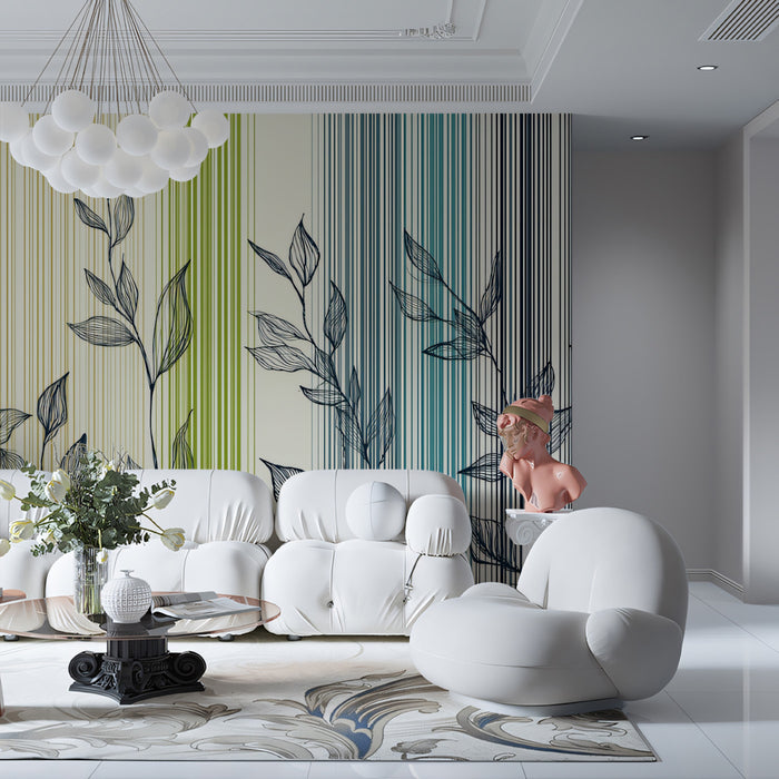 Modern Striped Botanical Mural Wallpaper | Linear Nature Art