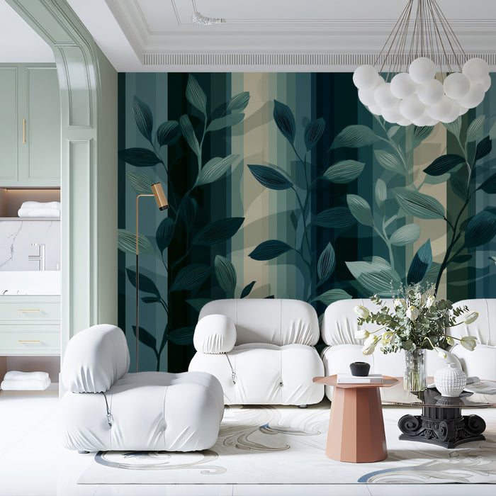 Geometric Nature Fusion Mural Wallpaper | Muted Striped Leaves