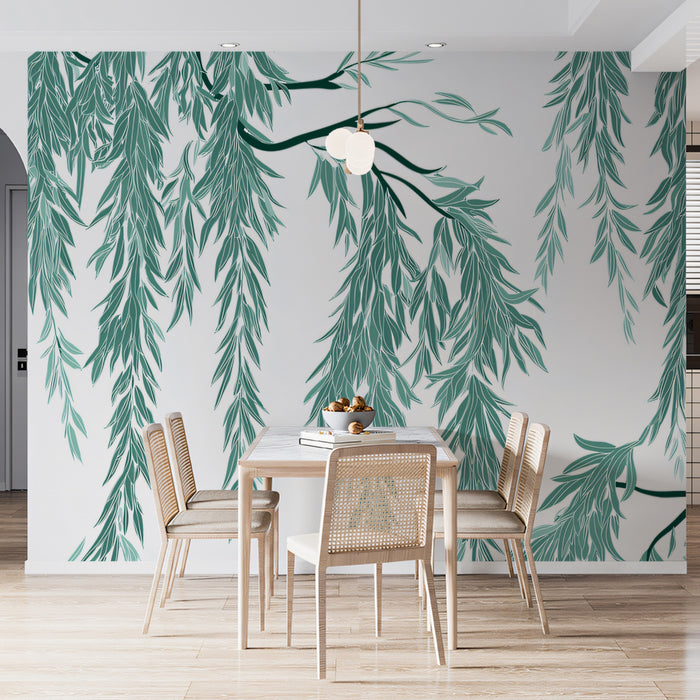 Cascading Willow Branches Mural Wallpaper | Green Botanical Art