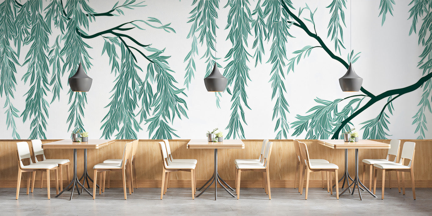 Cascading Willow Branches Mural Wallpaper | Green Botanical Art