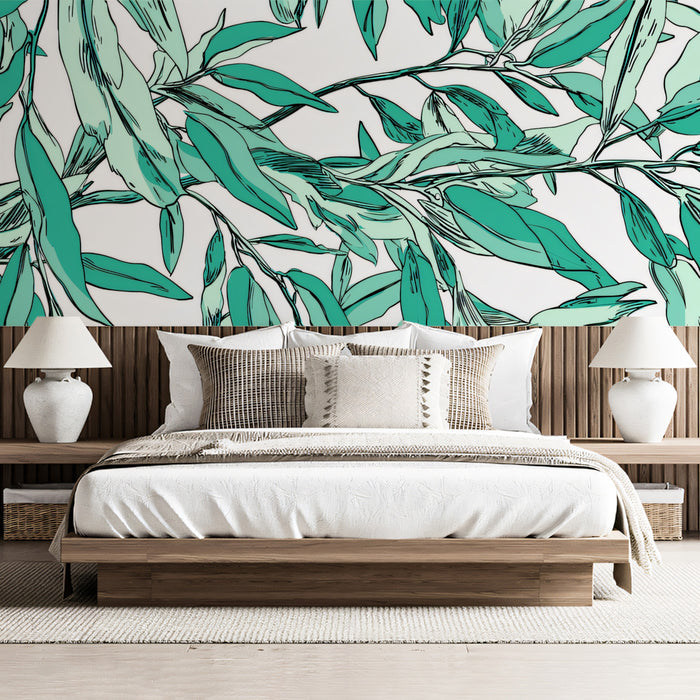 Dense Teal Foliage Mural Wallpaper | Vibrant Leaf Pattern
