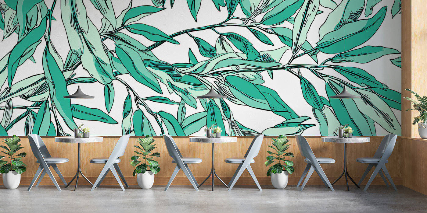 Dense Teal Foliage Mural Wallpaper | Vibrant Leaf Pattern