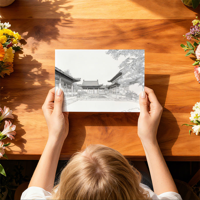 Traditional Chinese Courtyard Mural Wallpaper | Architectural Line Art