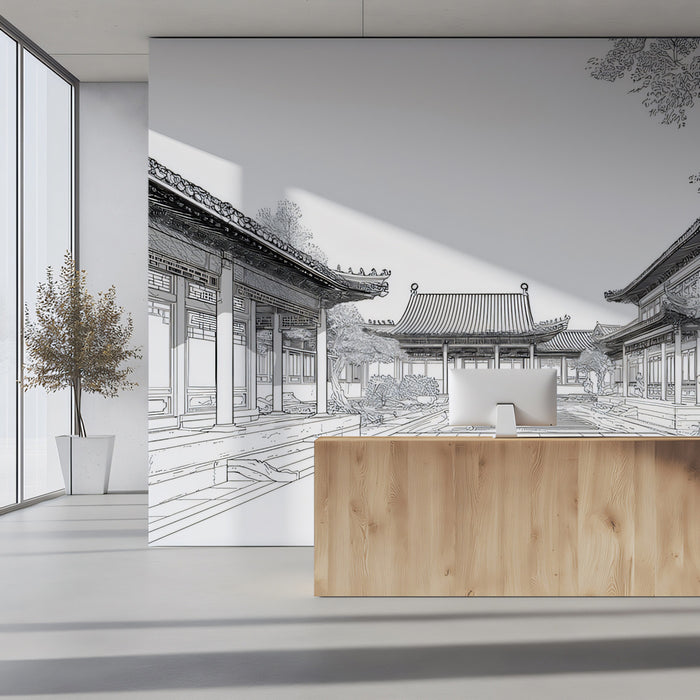 Traditional Chinese Courtyard Mural Wallpaper | Architectural Line Art