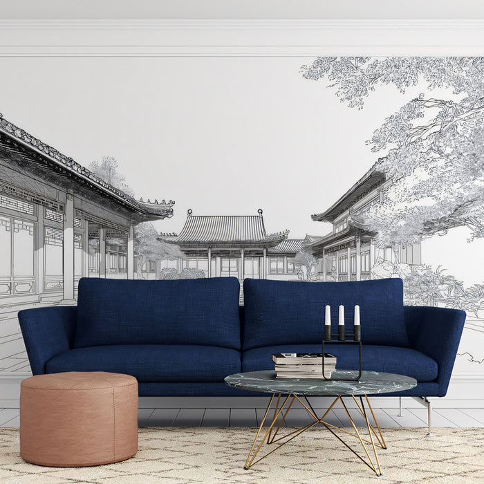 Traditional Chinese Courtyard Mural Wallpaper | Architectural Line Art