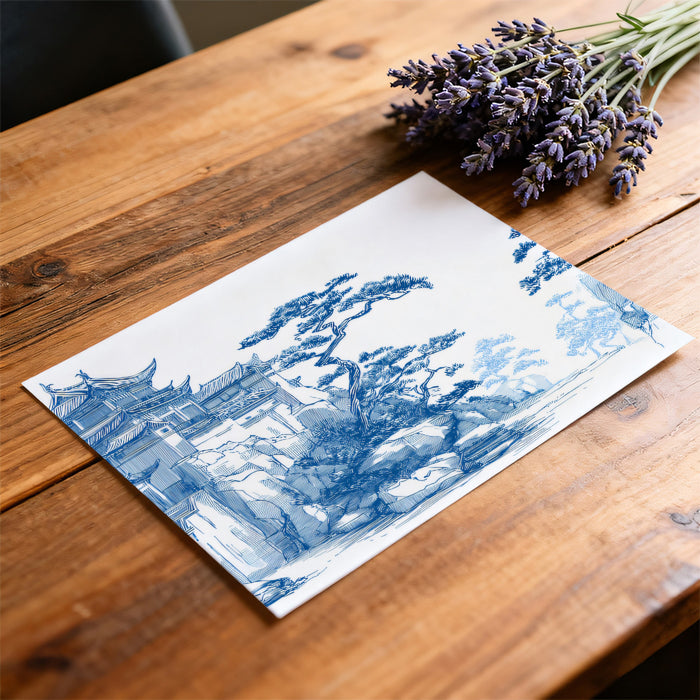 Blue Ink Landscape Mural Wallpaper | Chinese Temple & Pines