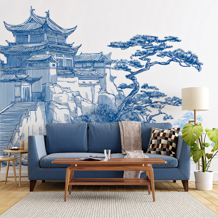 Blue Ink Landscape Mural Wallpaper | Chinese Temple & Pines