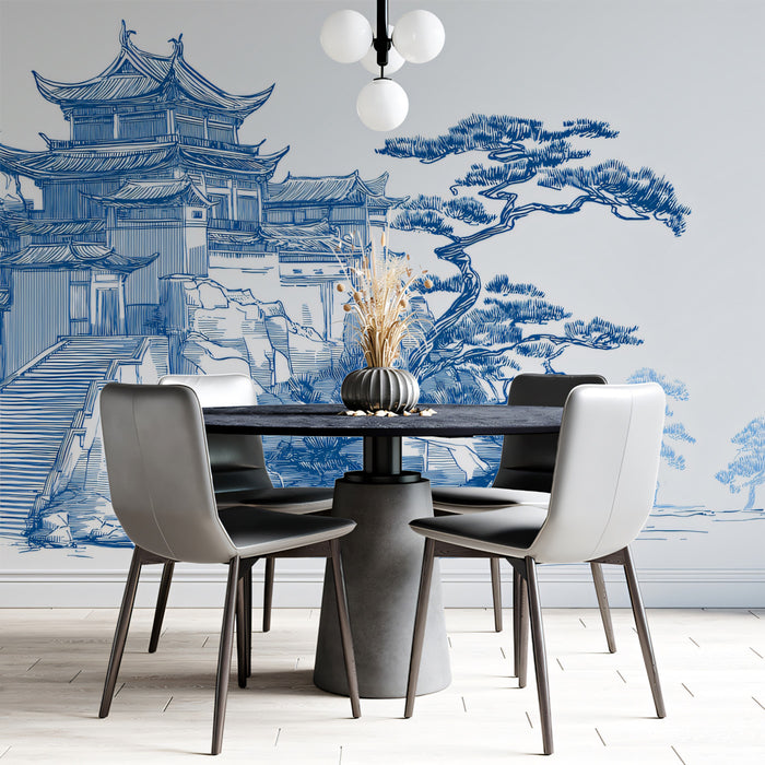 Blue Ink Landscape Mural Wallpaper | Chinese Temple & Pines