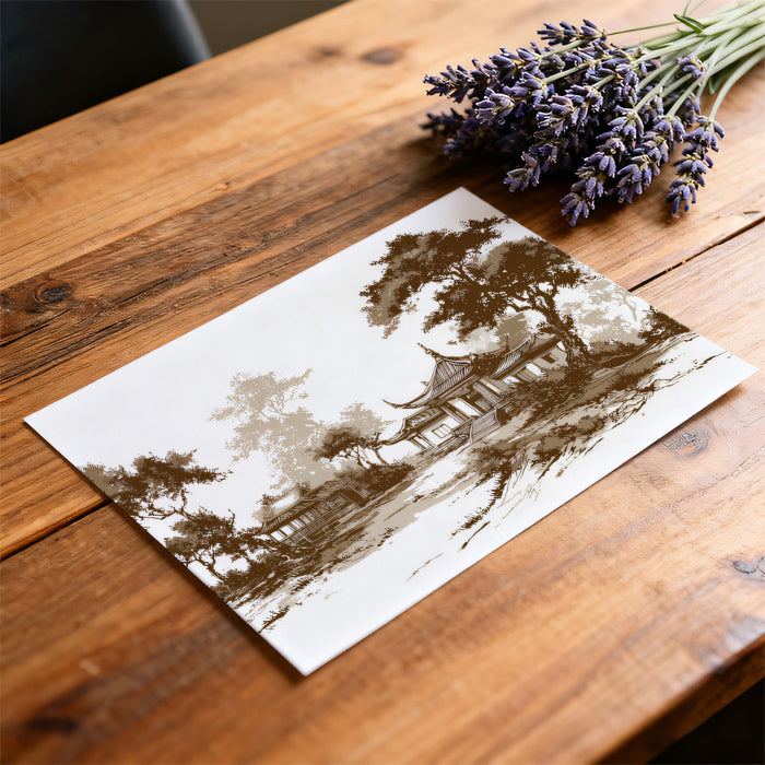 Sepia Pavilion Landscape Mural Wallpaper | Vintage Asian Art