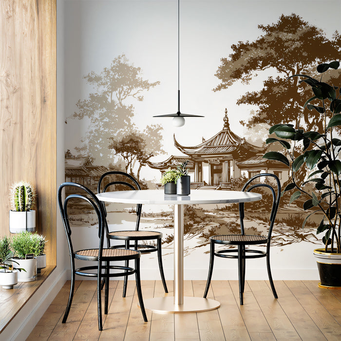 Sepia Pavilion Landscape Mural Wallpaper | Vintage Asian Art