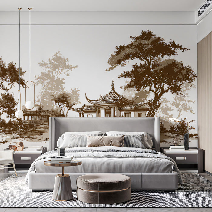 Sepia Pavilion Landscape Mural Wallpaper | Vintage Asian Art