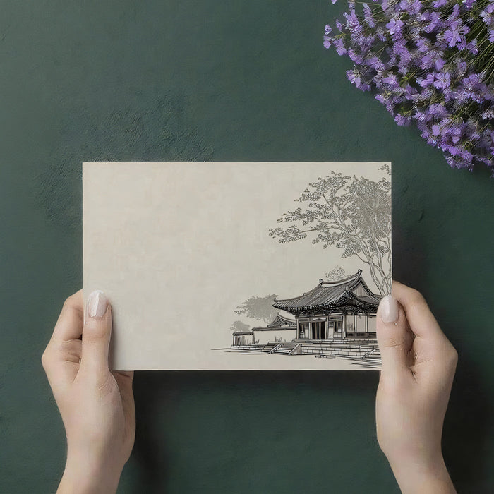 Minimalist Ancient Pavilion Mural Wallpaper | Beige Line Drawing