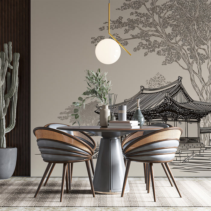 Minimalist Ancient Pavilion Mural Wallpaper | Beige Line Drawing