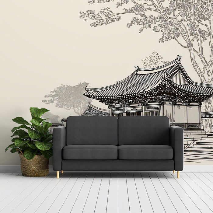 Minimalist Ancient Pavilion Mural Wallpaper | Beige Line Drawing
