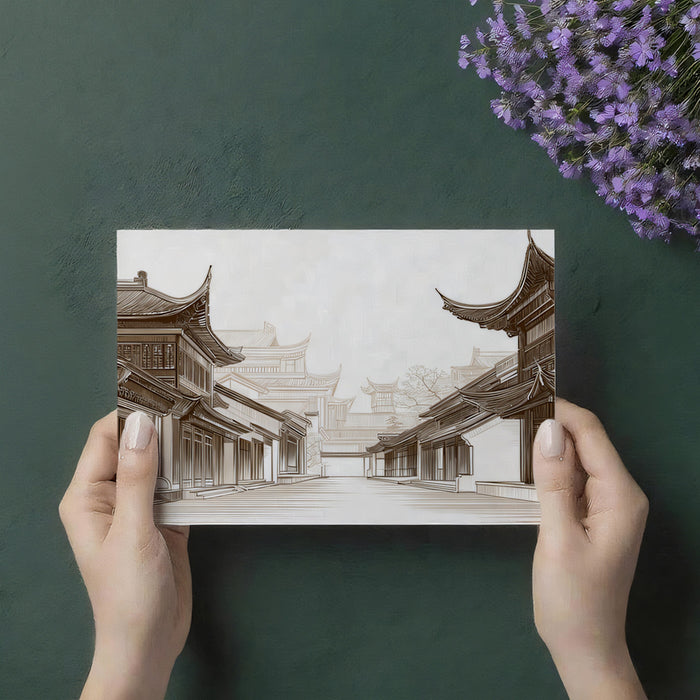 Historic Chinese Street Mural Wallpaper | Sepia Architectural View