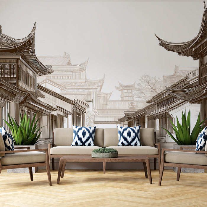 Historic Chinese Street Mural Wallpaper | Sepia Architectural View