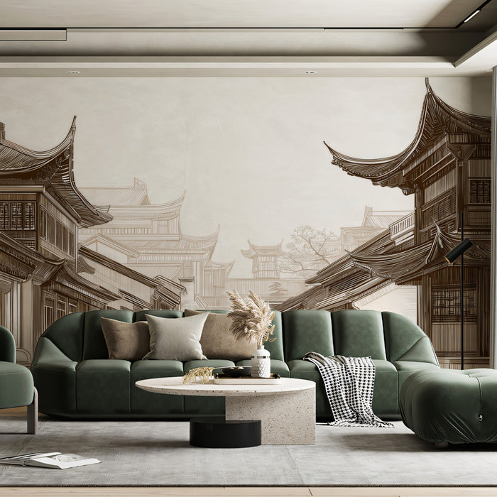 Historic Chinese Street Mural Wallpaper | Sepia Architectural View