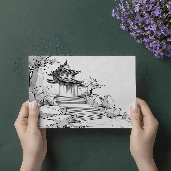 Ink Wash Temple Gate Mural Wallpaper | Traditional Rock Landscape