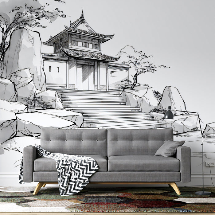 Ink Wash Temple Gate Mural Wallpaper | Traditional Rock Landscape