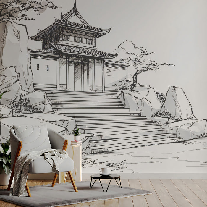 Ink Wash Temple Gate Mural Wallpaper | Traditional Rock Landscape