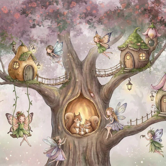 Enchanted Fairy Tree House Watercolor Mural Wallpaper | Whimsical Magical Forest Nursery