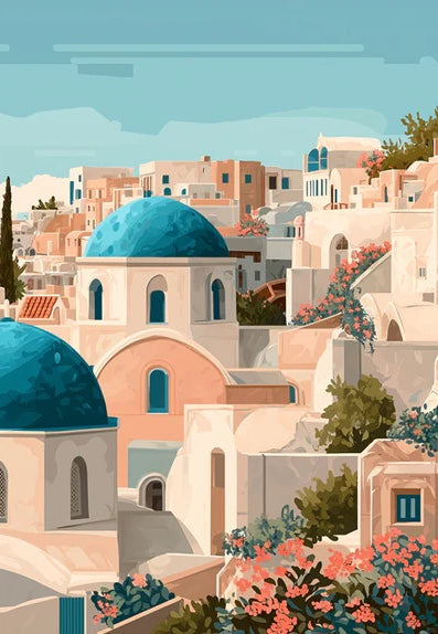 Mediterranean Coastal Architecture Mural Wallpaper | Orange Domes, Detailed Santorini Seascape