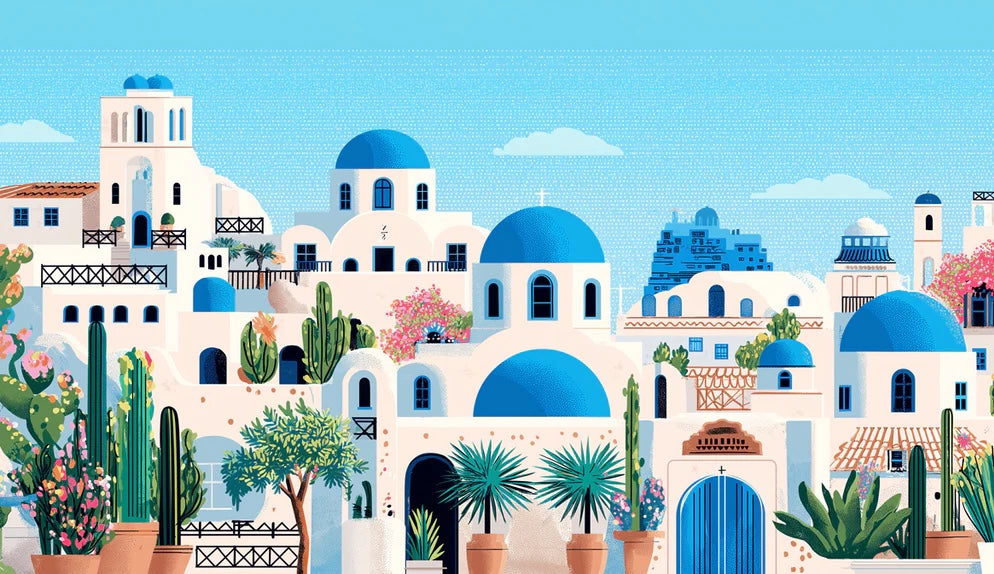 Flat Art Santorini Coastal Village Mural Wallpaper | Iconic Blue Domes, Pink Flowers, Desert Flora