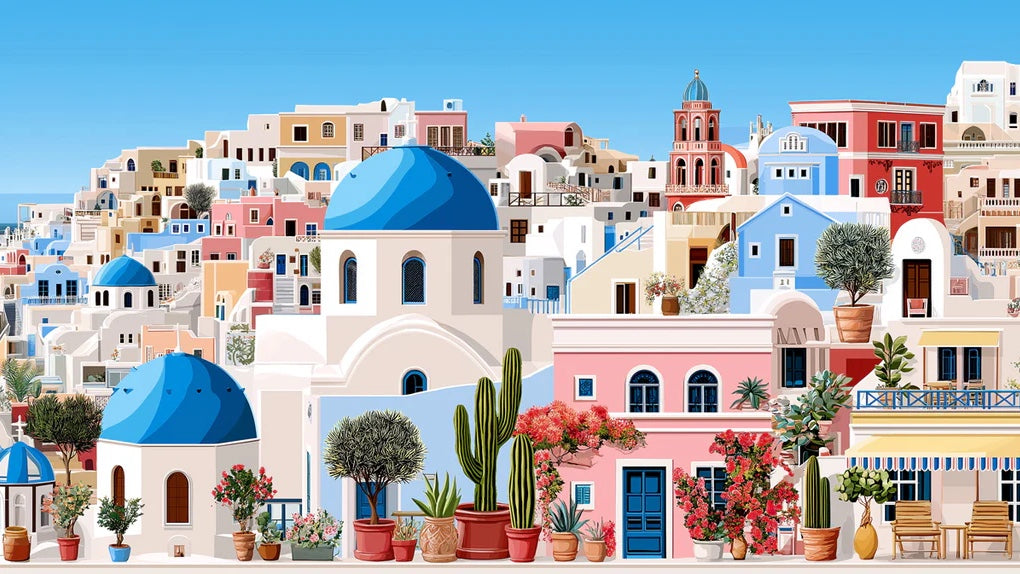 Detailed Mediterranean Hillside Village Mural Wallpaper | Colorful Pink Buildings, Blue Domes, Scenic Coastal