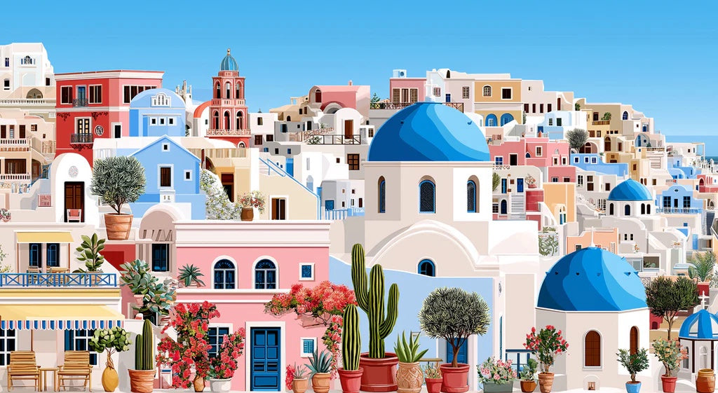 Detailed Mediterranean Hillside Village Mural Wallpaper | Colorful Pink Buildings, Blue Domes, Scenic Coastal