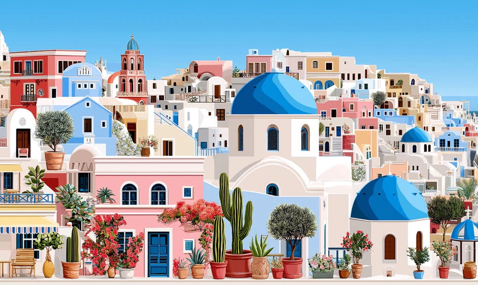 Detailed Mediterranean Hillside Village Mural Wallpaper | Colorful Pink Buildings, Blue Domes, Scenic Coastal