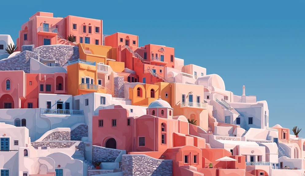 Warm Tiered Mediterranean Village Mural Wallpaper | Sunset Pink Orange Coastal Scene