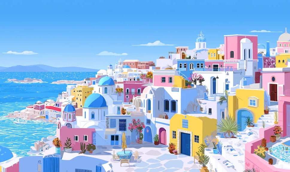 Sunny Coastal Santorini View Mural Wallpaper | Bright Blue Domes Summer Atmosphere