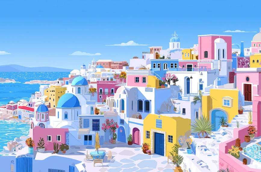 Sunny Coastal Santorini View Mural Wallpaper | Bright Blue Domes Summer Atmosphere