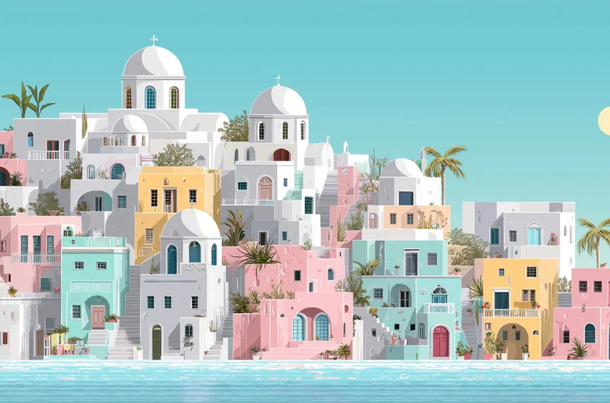 Mural etéreo de pueblo mediterráneo ligero | Escena costera en tonos pastel blanco y azul suave