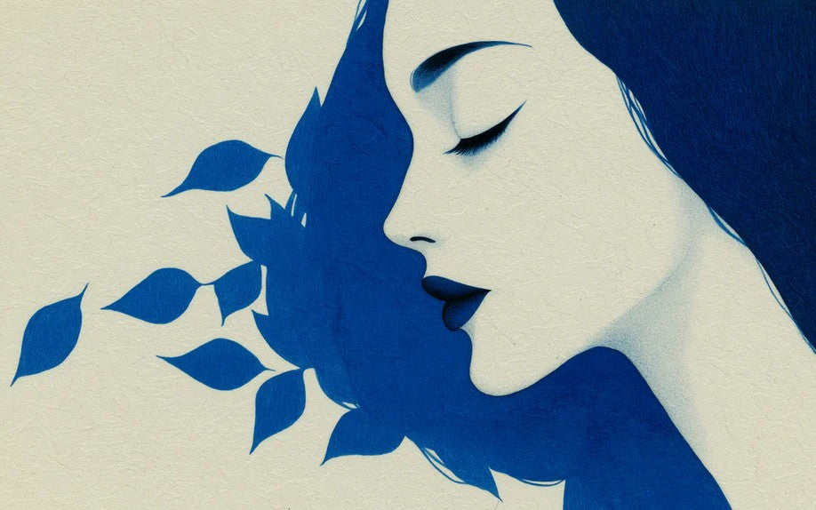 Graphic Blue Leaf Profile Mural Wallpaper | Minimalist Female Silhouette, Modern Organic Art