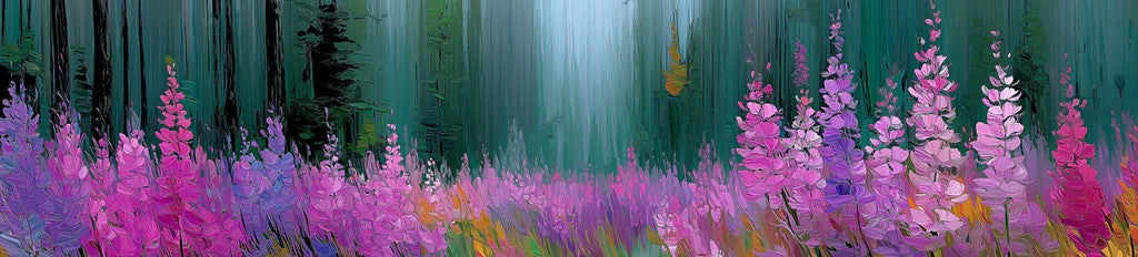 Mural de Campo de Flores Silvestres en Púrpura y Rosa con Pintura al Óleo | Arte de Prado en Bosque