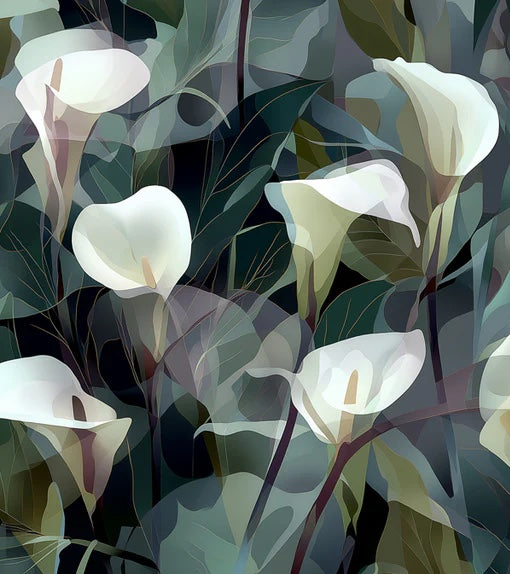 Elegant White Calla Lily Floral Mural Wallpaper | Dark Green Botanical Art