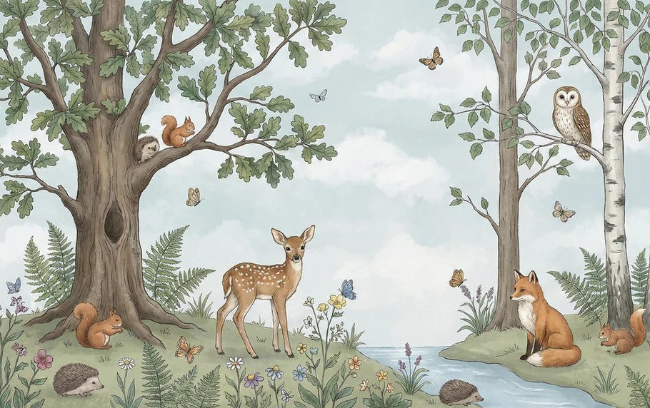 Waldtiere und Bäume Aquarell Wandmalerei Tapete | Natur Kinderzimmer Dekor