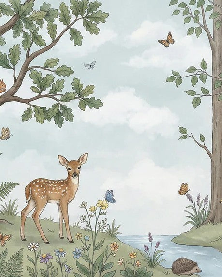 Pared de papel tapiz mural de animales del bosque y árboles en acuarela | Decoración natural para habitación infantil