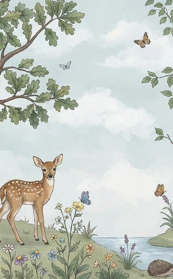 Pared de papel tapiz mural de animales del bosque y árboles en acuarela | Decoración natural para habitación infantil