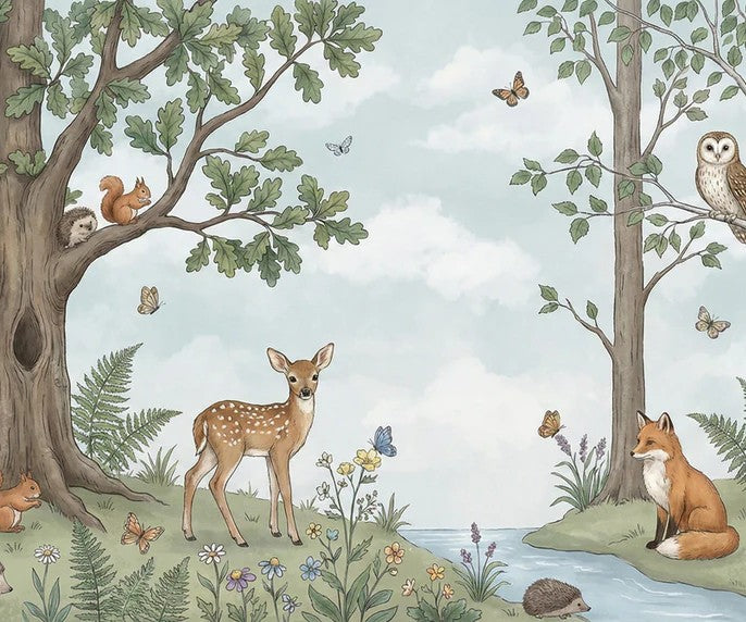 Waldtiere und Bäume Aquarell Wandmalerei Tapete | Natur Kinderzimmer Dekor