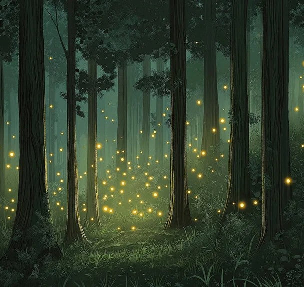 Green Forest with Fireflies Mural Wallpaper in Bedroom | Green, Yellow Forest with Fireflies