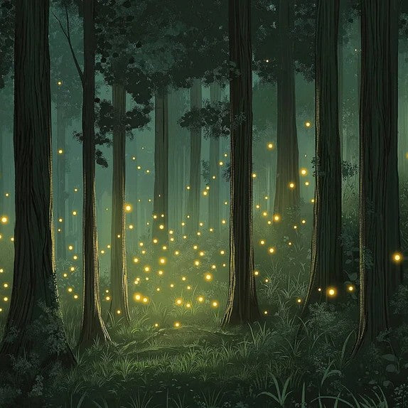 Green Forest with Fireflies Mural Wallpaper in Bedroom | Green, Yellow Forest with Fireflies