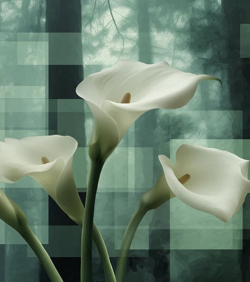 Elegant White Calla Lilies Abstract Green Forest Mural Wallpaper | Contemporary Floral Art