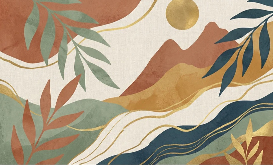 Boho Abstract Landscape Wallpaper, Terracotta Mountain and Sun Wall Mural, Modern Mid-Century Nature Decor