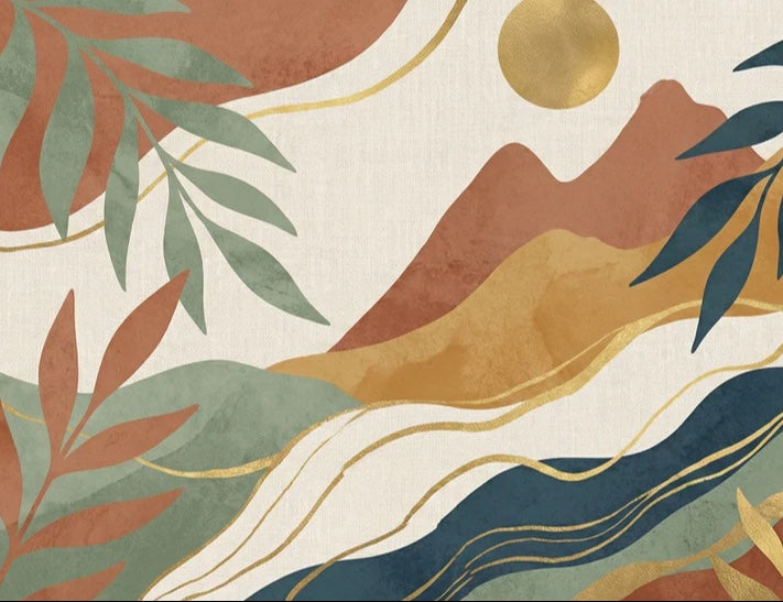 Boho Abstract Landscape Wallpaper, Terracotta Mountain and Sun Wall Mural, Modern Mid-Century Nature Decor