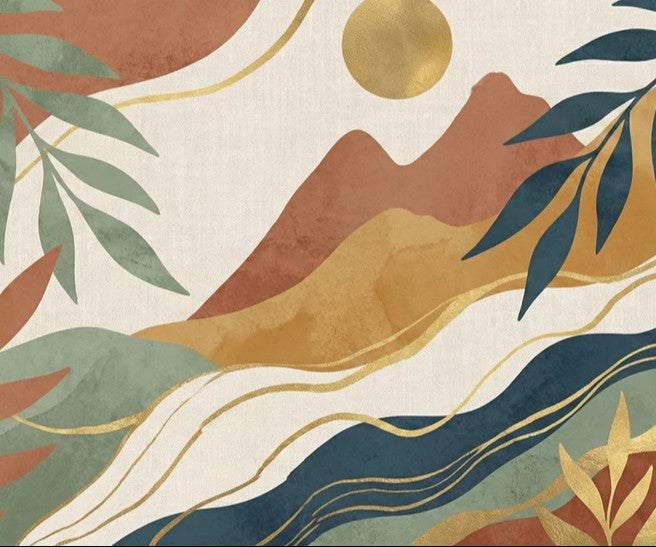 Papel pintado de paisaje abstracto bohemio, montaña de terracota y sol, decoración moderna de estilo mid-century para la naturaleza