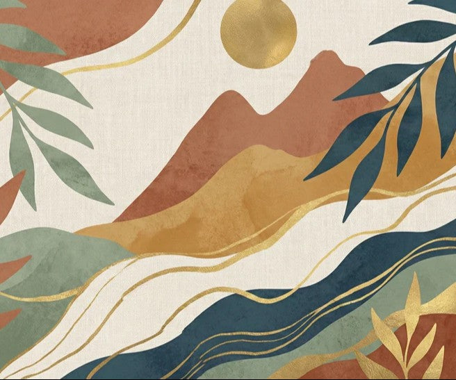 Boho Abstract Landscape Wallpaper, Terracotta Mountain and Sun Wall Mural, Modern Mid-Century Nature Decor