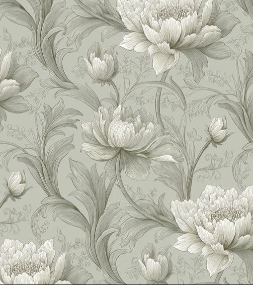 Classical Foliage Mural Wallpaper | Sage Green Peony